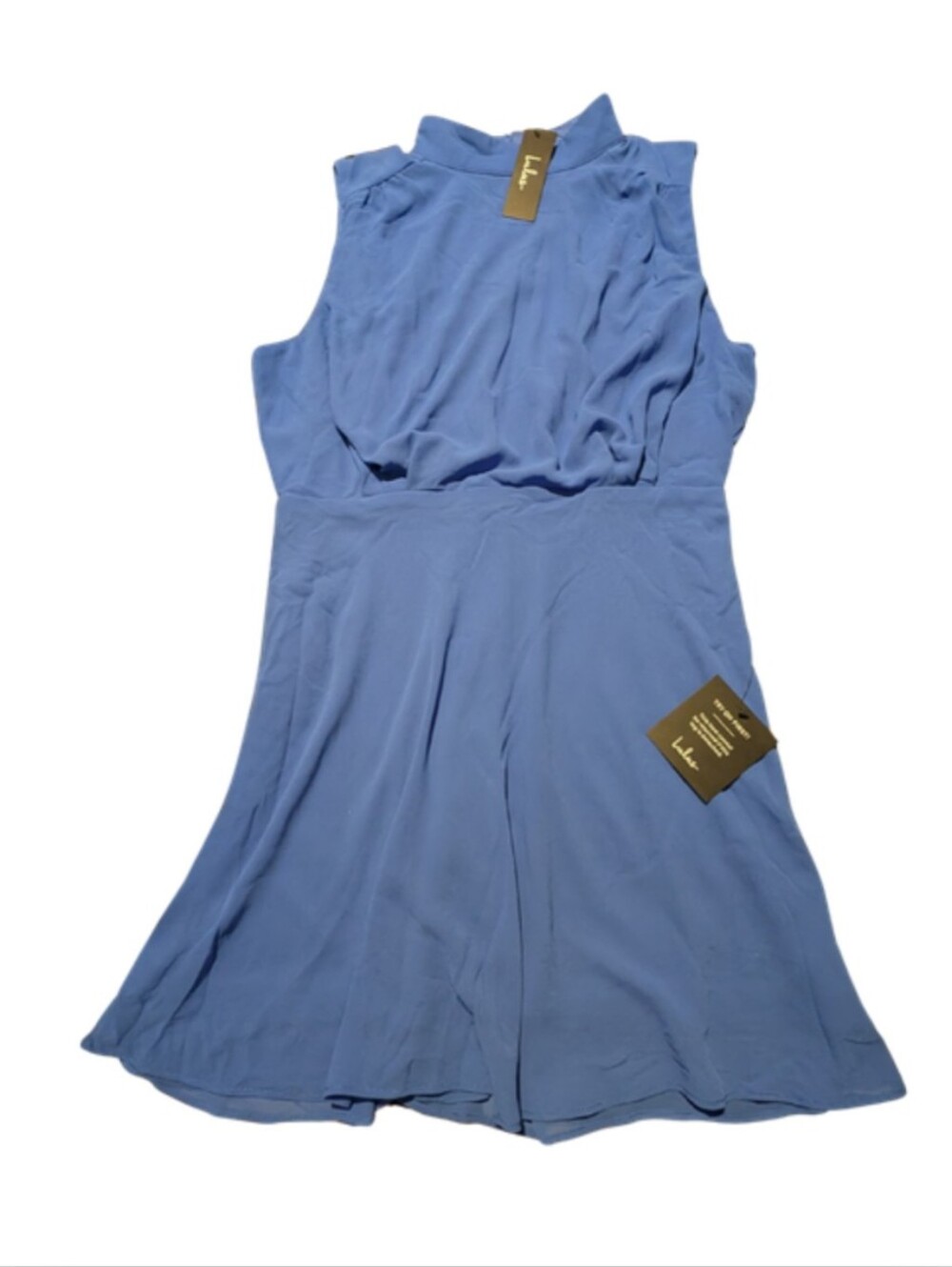 Lulu's Dusty Blue Classic Elegance Blue Mock Neck Chiffon Mini Dress Size L NWT